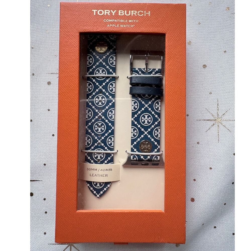 Tory Burch 38MM/44MM Dark Blue and White Leather Smart Watch Band